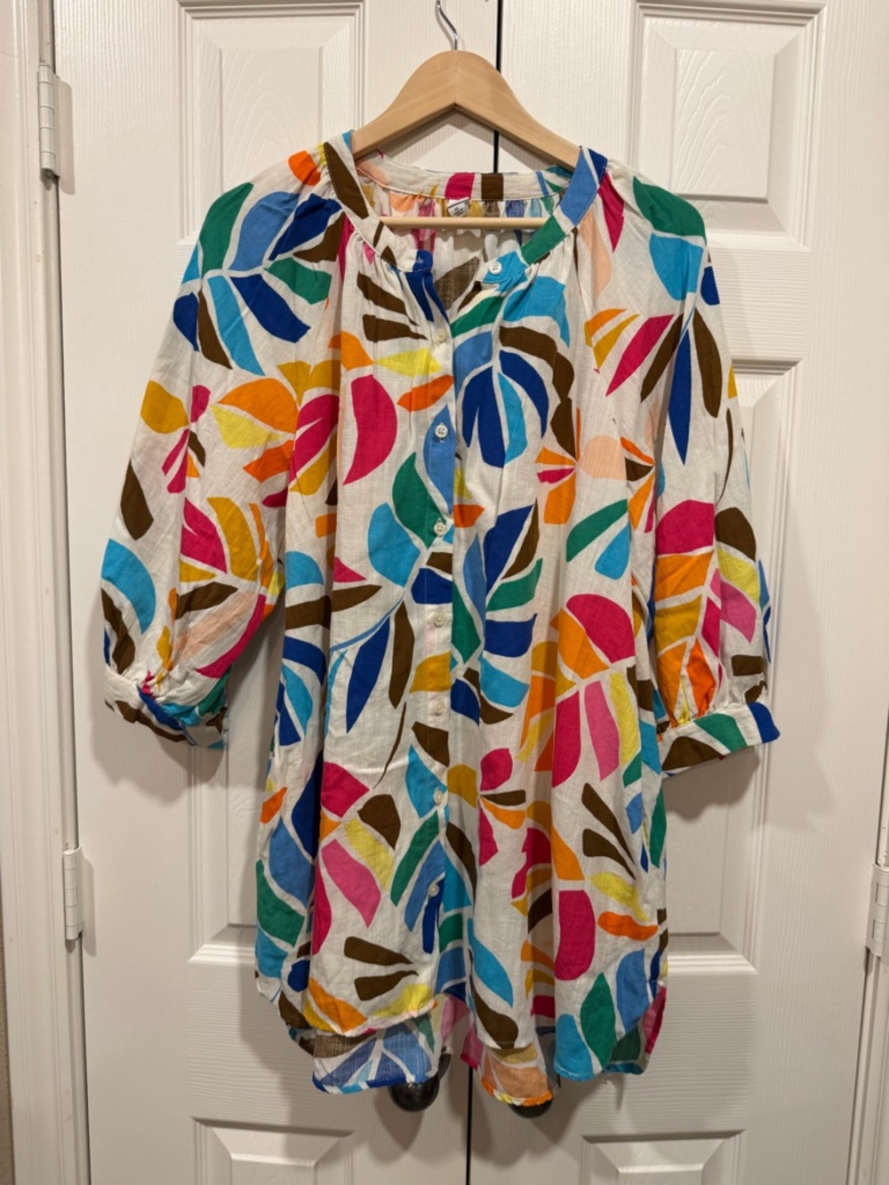 Bright Multicolor Leaf-Print Tunic Dress - Women's Plus - Picture 3 of 11